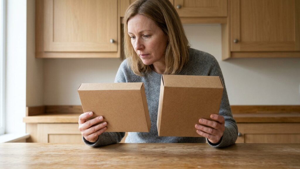 A woman compares the size and depth of two plain cardboard cartons at a kitchen table.