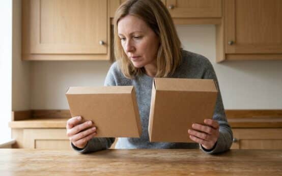 A woman compares the size and depth of two plain cardboard cartons at a kitchen table.