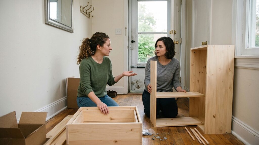 Two women pause while assembling wooden furniture in a home.