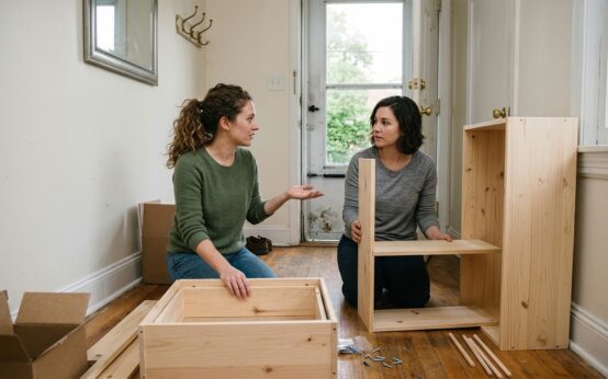 Two women pause while assembling wooden furniture in a home.