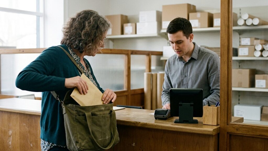 A woman retrieves an envelope from her bag while a man assists her at a parcel-service counter.