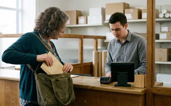 A woman retrieves an envelope from her bag while a man assists her at a parcel-service counter.